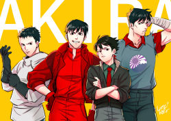 Rule 34 | 4boys, akira (manga), gloves, highres, jacket, kai (akira), kaneda shoutarou (akira), multiple boys, shima tetsuo, tagme, yamagata, yellow background