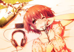 Rule 34 | 1girl, :q, ;q, alcohol, bottle, cellphone, digital media player, flower, from above, headphones, headphones removed, iphone, lying, nuko-d, on back, one eye closed, original, petals, phone, plum blossoms, red hair, red theme, sake bottle, short hair, smartphone, solo, tongue, tongue out, wine, wink