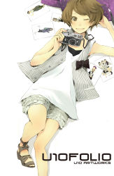 Rule 34 | 1girl, arm behind head, backpack, bad id, bad pixiv id, bag, blush, bow, brown eyes, brown hair, camera, lying, on back, one eye closed, open mouth, original, photo (object), pinstripe pattern, pinstripe vest, sandals, short hair, sleeveless, smile, solo, striped, swept bangs, unworn backpack, unworn bag, vest, white background, wink, yoshito