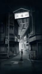 Rule 34 | 1girl, alley, bag, banner, building, collared shirt, full body, gensuke (ryun), greyscale, hand up, hatoba tsugu, highres, lamppost, long sleeves, looking at viewer, manhole cover, monochrome, pigeon-toed, road, road sign, shadow, shirt, shoes, short hair, shoulder bag, sign, skirt, smile, solo, standing, storefront, tsugu (vtuber), virtual youtuber, waving, window, window shutter