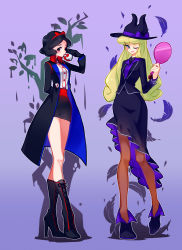 Rule 34 | 2girls, ;), adapted costume, ankle boots, apple, apple poison, apple poison (cosplay), arm behind back, aurora (disney), black coat, black eyes, black footwear, black gloves, black hair, black hat, black jacket, black skirt, blonde hair, blue eyes, boots, bow, breasts, brown legwear, closed mouth, coat, collared shirt, cosplay, cross-laced footwear, crossed legs, disney, eyelashes, feathers, food, fruit, full body, gloves, gradient background, hand mirror, hat, hat bow, hat ribbon, high heel boots, high heels, highres, holding, holding food, holding fruit, holding mirror, horns, jacket, kiss, lace-up boots, lipstick, long sleeves, looking at viewer, makeup, marfie, marfie (cosplay), medium breasts, miniskirt, mirror, multiple girls, namazu (dc 27546), one eye closed, pantyhose, pencil skirt, purple background, purple bow, purple footwear, purple ribbon, purple shirt, recruiters (disney), red lips, ribbon, shirt, short hair, silhouette, skirt, sleeping beauty, smile, snow white, snow white (disney), snow white and the seven dwarfs, standing
