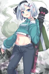 1girl :d black_hairband black_pants black_ribbon blue_eyes blue_hoodie blurry blurry_background breasts commentary_request depth_of_field drawstring grey_hair groin hair_ornament hair_ribbon hairband hairclip hand_up highres hood hood_down hoodie konpaku_youmu konpaku_youmu_(ghost) long_sleeves medium_breasts midriff navel open_mouth pants puffy_long_sleeves puffy_sleeves ribbon short_hair sleeves_past_wrists smile solo touhou uumaru weapon_bag