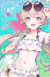 Rule 34 | 1girl, absurdres, bikini, blonde hair, blue archive, blush, breasts, cleavage, collarbone, commentary, eyewear on head, frilled bikini, frills, halo, hifumi (blue archive), hifumi (swimsuit) (blue archive), highres, innertube, looking at viewer, navel, official alternate costume, open mouth, small breasts, smile, solo, sunglasses, swim ring, swimsuit, twintails, white bikini, xiehou nangong