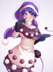 Rule 34 | 1girl, :3, black capelet, black gloves, blue eyes, blue hair, book, capelet, closed mouth, commentary request, doremy sweet, dress, finger in own mouth, gloves, grey background, highres, holding, holding book, looking at viewer, pom pom (clothes), purple headwear, short hair, solo, suke (rf6tk), tail, tapir tail, touhou, white dress