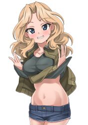 Rule 34 | 1girl, absurdres, black shirt, blonde hair, blue eyes, blue shorts, clothes lift, commentary, cowboy shot, crossed arms, cutoffs, denim, denim shorts, girls und panzer, grin, hair intakes, helmet (trailblazer003), highres, jacket, kay (girls und panzer), lifting own clothes, looking at viewer, medium hair, navel, open clothes, open jacket, saunders military uniform, shirt, shirt lift, short shorts, shorts, simple background, smile, solo, standing, white background