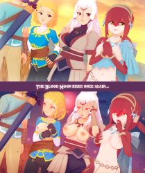 Rule 34 | 1boy, 3girls, blonde hair, breasts, breasts out, highres, hyrule warriors: age of calamity, imminent rape, imminent penetration, link, mipha, multiple girls, naughty face, navel, nintendo, paya (zelda), princess zelda, red hair, the legend of zelda, the legend of zelda: breath of the wild, tongue, tongue out, white hair
