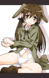 Rule 34 | 00s, 1girl, animal ears, blush, brown eyes, brown hair, dog ears, dog tail, female focus, gertrud barkhorn, military, military uniform, nyoro (nyoronyoro000), panties, sitting, solo, strike witches, tail, twintails, underwear, uniform, white background, white panties, world witches series