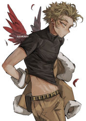 Rule 34 | 1boy, artist name, belt, black shirt, boku no hero academia, brown hair, brown pants, clothes lift, collarbone, commentary, cowboy shot, earrings, facial hair, feathered wings, feathers, goatee, hawks (boku no hero academia), jacket, unworn jacket, jewelry, kadeart, looking afar, male focus, mini wings, pants, parted bangs, shirt, shirt lift, short hair, simple background, solo, spiked hair, stubble, sweat, symbol-only commentary, taut clothes, taut shirt, thick eyebrows, toned, toned male, white background, wings, yellow eyes