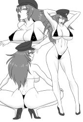 Rule 34 | 1girl, arms behind head, arms up, ass, bikini, breasts, capcom, collarbone, colored skin, final fight, from behind, hat, high heels, highleg, huge breasts, kneeling, knees, legs, lips, long hair, micro bikini, midriff, monochrome, navel, peaked cap, poison (final fight), squatting, standing, street fighter, street fighter iv (series), swimsuit, thong bikini, white skin
