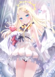 Rule 34 | 1girl, abigail williams (fate), adapted costume, bare shoulders, black bow, black panties, blonde hair, blue eyes, blurry, blurry background, blush, bow, breasts, bug, butterfly, church interior, commentary request, depth of field, detached sleeves, dress, fate/grand order, fate (series), feathered wings, forehead, halo, highres, indoors, insect, kachayori, long hair, long sleeves, looking at viewer, hugging object, orange bow, panties, parted bangs, polka dot, polka dot bow, sleeveless, sleeveless dress, sleeves past fingers, sleeves past wrists, small breasts, solo, stuffed animal, stuffed toy, teddy bear, underwear, very long hair, white dress, white sleeves, white wings, wings