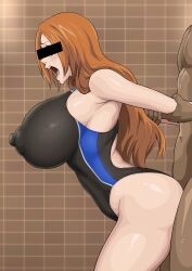 Rule 34 | 1boy, 1girl, arm held back, bleach, breasts, censored, competition swimsuit, covered erect nipples, dark-skinned male, dark skin, from side, highres, huge breasts, identity censor, inoue orihime, interracial, iwao178, long hair, one-piece swimsuit, open mouth, orange hair, sex, sex from behind, standing, standing sex, swimsuit