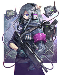Rule 34 | 1girl, armband, backpack, bag, blue gloves, border, commentary request, cowboy shot, gas mask, gia, gloves, grey hair, gun, headset, highres, holding, holding gun, holding weapon, looking at viewer, mask, medium hair, mouth mask, multicolored eyes, original, outside border, profile, purple eyes, robot, solo, trigger discipline, weapon, white border