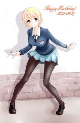 Rule 34 | 1girl, birthday, black footwear, black necktie, black pantyhose, blonde hair, blouse, blue eyes, blue skirt, blue sweater, braid, braided bun, brick wall, commentary, cup, darjeeling (girls und panzer), dated, dress shirt, emblem, english text, full body, girls und panzer, hair bun, happy birthday, highres, holding, holding cup, holding saucer, leaning forward, loafers, long sleeves, looking at viewer, miniskirt, necktie, open mouth, pantyhose, pinky out, pleated skirt, sasaki akira (ugc), saucer, school uniform, shadow, shirt, shoes, short hair, skirt, smile, solo, st. gloriana&#039;s (emblem), st. gloriana&#039;s school uniform, standing, sweater, teacup, twin braids, v-neck, white shirt, wing collar