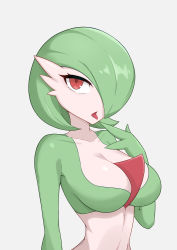Rule 34 | 1girl, absurdres, bob cut, breasts, collarbone, colored skin, creatures (company), female focus, game freak, gardevoir, gen 3 pokemon, green hair, green skin, grey background, half-closed eyes, hand to own mouth, hand up, highres, liu han, looking up, medium breasts, multicolored skin, nintendo, open mouth, pokemon, pokemon (creature), red eyes, shiny skin, short hair, simple background, solo, tongue, tongue out, two-tone skin, upper body, white skin