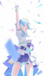 Rule 34 | 1girl, blue hair, blue skirt, closed eyes, confetti, cropped jacket, deozt, grin, headset, highres, hololive, hololive idol uniform (bright), hoshimachi suisei, mini tiara, pointing, pointing up, skirt, smile, virtual youtuber, wrist cuffs