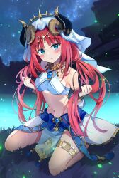 Rule 34 | 1girl, bare shoulders, blue eyes, blue skirt, breasts, brooch, commentary request, crop top, fake horns, genshin impact, highres, horns, hyurasan, jewelry, large breasts, long hair, long sleeves, looking at viewer, midriff, navel, neck ring, night, night sky, nilou (genshin impact), outdoors, parted lips, red hair, seiza, sitting, skirt, sky, solo, stomach, thighlet, veil, very long hair, water