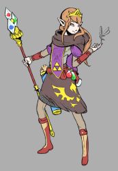 Rule 34 | 1girl, alternate costume, armor, bad deviantart id, bad id, belt, blue eyes, boots, brown hair, chainmail, commentary, fairy, flat color, grey background, joakim sandberg, knee boots, long hair, magician, nintendo, pointy ears, potion, princess zelda, quiver, scarf, scroll, skirt, smile, solo focus, staff, tabard, the legend of zelda, tiara, triforce, unfinished, vambraces