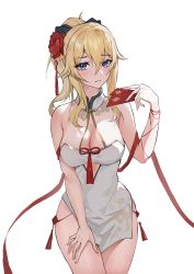 Rule 34 | 1girl, absurdres, alternate costume, bare shoulders, blonde hair, blue eyes, blush, china dress, chinese clothes, closed mouth, commentary request, detached collar, dress, envelope, flower, frown, furrowed brow, genshin impact, hair flower, hair ornament, hand on own thigh, hand up, highres, holding, holding envelope, hongbao, jean (genshin impact), karakasa obake, looking at viewer, paradox (parapa), ponytail, red flower, red ribbon, ribbon, shy, sidelocks, simple background, solo, strapless, strapless dress, tassel, tassel hair ornament, thighs, umbrella, white background, white dress