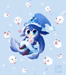 Rule 34 | 1girl, :p, alternate costume, blue eyes, blue hair, hat, horns, inkinesss, league of legends, long hair, lulu (league of legends), poro (league of legends), smile, tongue, tongue out, wings, winter wonder lulu