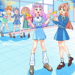 Rule 34 | 5girls, :d, aozora middle school uniform, belt, black footwear, blue belt, blue eyes, blue hair, blue hairband, blue jacket, blue shirt, blue skirt, bobby socks, bread, bright pupils, brown footwear, brown hair, collared shirt, commentary, cut bangs, day, delicious party precure, eating, flying sweatdrops, food, frown, giving, green eyes, green sailor collar, green skirt, hair bun, hair pulled back, hair ribbon, hairband, heart, hirogaru sky! precure, holding, holding food, in-franchise crossover, jacket, laura la mer, loafers, long sleeves, looking at another, loose socks, mary janes, medium hair, medium skirt, miniskirt, multiple girls, nagomi yui, natsuumi manatsu, neck ribbon, neckerchief, nijigaoka mashiro, open mouth, outdoors, pink hair, pink neckerchief, pleated skirt, precure, purple hair, red ribbon, ribbon, sailor collar, school uniform, shadow, shinsen middle school uniform, shirt, shoes, shop, short sleeves, side ponytail, single hair bun, skirt, smile, socks, sora harewataru, sorashido academy school uniform, standing, ton (ton39342104), tropical-rouge! precure, twitter username, two side up, white neckerchief, white pupils, white sailor collar, white shirt, white socks, wing collar, yellow ribbon