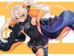 Rule 34 | 1girl, ahoge, asymmetrical legwear, bare shoulders, belt, black gloves, buckle, buttons, checkered clothes, checkered legwear, closed mouth, colm (fire emblem), double-breasted, fire emblem, frilled skirt, frills, girls&#039; frontline, gloves, goggles, goggles around neck, gun, gun over shoulder, hair between eyes, hair ornament, hair scrunchie, half-closed eyes, highres, holding, holding gun, holding weapon, jacket, knife, knife sheath, leaning, long hair, looking at viewer, machine gun, miniskirt, nintendo, open clothes, open jacket, outstretched arm, outstretched hand, pkp (girls&#039; frontline), pkp pecheneg, pouch, scrunchie, sheath, side ponytail, silver hair, single thighhigh, skirt, solo, thick eyebrows, thigh pouch, thigh strap, thighhighs, thighs, tsurime, uneven legwear, very long hair, weapon, yellow eyes