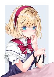 Rule 34 | 1girl, alice margatroid, alternate color, black dress, black ribbon, blonde hair, border, bow, bowtie, capelet, closed mouth, dress, grey background, hairband, hand on own face, highres, lolita hairband, looking at viewer, nanase nao, red bow, red hairband, ribbon, short hair, short sleeves, simple background, solo, touhou, upper body, white border, white capelet