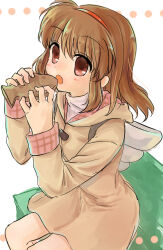 Rule 34 | 1girl, 2019, :o, angel wings, brown coat, brown hair, coat, commentary request, dated commentary, eating, eyes visible through hair, food, hair between eyes, hairband, hands up, highres, holding, holding food, hood, hood down, kanon, light blush, long sleeves, looking at food, medium hair, open mouth, red eyes, red hairband, sakura emi, simple background, sitting, sketch, solo, taiyaki, tsukimiya ayu, wagashi, white background, wings