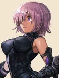 Rule 34 | 1girl, armor, bare shoulders, boobplate, breastplate, breasts, elbow gloves, fate/grand order, fate (series), gauntlets, gloves, hair over one eye, hungry clicker, large breasts, mash kyrielight, one eye covered, parted lips, pink background, pink hair, purple eyes, short hair, simple background, solo, upper body, wide-eyed