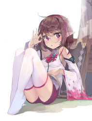 Rule 34 | 1girl, adjusting eyewear, bare shoulders, blush, book, brown hair, collared shirt, commentary request, detached sleeves, full body, glasses, hair between eyes, hair ribbon, hand up, looking at viewer, newey, no shoes, open book, original, parted lips, pointy ears, red eyes, red ribbon, red shorts, ribbon, round eyewear, shirt, short shorts, shorts, sleeveless, sleeveless shirt, solo, thighhighs, white background, white shirt, white sleeves, white thighhighs, wide sleeves