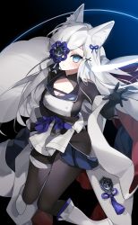 Rule 34 | 1girl, anchor symbol, animal ear fluff, animal ears, azur lane, bandaged leg, bandages, blue background, blue eyes, blue skirt, bodysuit, bodysuit under clothes, boots, breasts, cleavage, emblem, flower eyepatch, fox ears, fox tail, gradient background, hair over one eye, highres, japanese clothes, kasumi (azur lane), kasumi (retrofit) (azur lane), kimono, long hair, long sleeves, looking at viewer, medium breasts, one eye covered, retrofit (azur lane), skirt, solo, tail, user yjhw7473, white footwear, white hair, white kimono, wide sleeves