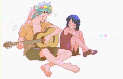Rule 34 | 1boy, 1girl, ^ ^, acoustic guitar, aged down, barefoot, beamed eighth notes, black hair, blue hair, blush, child, closed eyes, collarbone, collared shirt, commentary, dress, eighth note, eyelashes, feet, flower, flower wreath, franky (one piece), full body, goggles, goggles on head, green shorts, grin, guitar, happy, head wreath, highres, holding, holding instrument, instrument, knees up, long hair, music, musical note, nico robin, one piece, open clothes, open mouth, open shirt, orange shirt, playing instrument, print shirt, qin (7833198), red dress, shirt, short hair, shorts, simple background, sitting, sleeveless, sleeveless dress, smile, spiked hair, symbol-only commentary, teeth, white background