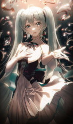 Rule 34 | 1girl, absurdres, aqua eyes, aqua hair, chiffon skirt, commentary request, dark, detached sleeves, dress, elbow gloves, eyelashes, feet out of frame, gloves, glowing, glowing hair, green ribbon, green shirt, hand on own chest, hatsune miku, hhl (ggul80hg58), highres, light, light blush, long hair, long skirt, looking at viewer, miku symphony (vocaloid), neck ribbon, open mouth, reaching, reaching towards viewer, red ribbon, ribbon, shirt, skirt, sleeveless, sleeveless shirt, smile, solo, standing, thighhighs, twintails, very long hair, vocaloid, white skirt, white thighhighs