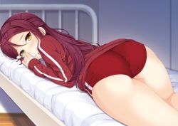 Rule 34 | 1girl, ass, bed, bed sheet, blurry, blush, buruma, commentary, depth of field, embarrassed, highres, hino minato (spec.c), jacket, long hair, looking at viewer, looking back, love live!, love live! sunshine!!, lying, on bed, on stomach, red buruma, red hair, red jacket, sakurauchi riko, sheet grab, single bang, track jacket, yellow eyes