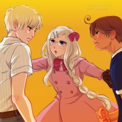Rule 34 | 1girl, 2boys, ahoge, angry, artist name, axis powers hetalia, blonde hair, bow, braid, buttons, clenched hand, commentary, dark-skinned male, dark skin, double-breasted, dress, english commentary, eye contact, glaring, glasses, green eyes, hair bow, hair ornament, hairclip, long hair, looking at another, monaco (hetalia), multiple boys, outstretched arms, pink dress, single braid, southern italy (hetalia), united kingdom (hetalia), yellow background, yokkorashoichi