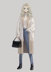 Rule 34 | 1girl, absurdres, bag, black footwear, blonde hair, blue eyes, brown coat, cardigan, coat, denim, full body, grey background, hand in pocket, handbag, high heels, highres, holding, holding bag, jeans, long hair, looking at viewer, mole, mole under mouth, open clothes, open coat, original, pants, parted lips, simple background, smile, solo, sweater, turtleneck, turtleneck sweater, white cardigan, white sweater, yoon cook