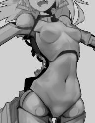 Rule 34 | 1girl, deel (rkeg), doll joints, fang, fang out, greyscale, joints, monochrome, navel, original, ponytail, solo, torso