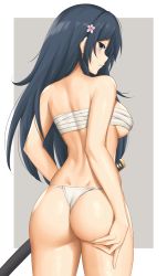 Rule 34 | 1girl, arcie albano, ass, bandages, bare arms, bare shoulders, black hair, blue eyes, breasts, chest sarashi, commentary request, cowboy shot, flower, from behind, fundoshi, grey background, hair flower, hair ornament, highres, japanese clothes, large breasts, long hair, looking at viewer, looking back, original, profile, purple flower, sarashi, scabbard, sheath, solo, standing, strapless, thighs, tube top, white background