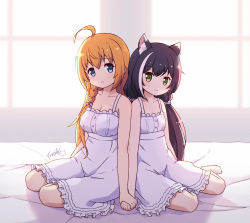 Rule 34 | 2girls, ahoge, animal ear fluff, animal ears, bare arms, bare shoulders, barefoot, bed sheet, black hair, blue eyes, blush, breasts, cat ears, cleavage, closed mouth, commentary request, dress, frilled dress, frills, green eyes, hair between eyes, highres, indoors, karyl (princess connect!), langbazi, low twintails, medium breasts, multicolored hair, multiple girls, orange hair, pecorine (princess connect!), princess connect!, signature, sitting, sleeveless, sleeveless dress, small breasts, smile, streaked hair, twintails, white dress, white hair, window, yokozuwari