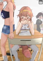 Rule 34 | 3girls, ahoge, bare arms, black hair, black shirt, blush, breasts, brown eyes, brown hair, chair, covering own mouth, denim, denim shorts, desk, erection, futanari, glasses, hairband, hand up, highres, huge penis, huge testicles, indoors, large breasts, looking at another, multiple girls, original, paper, pen, penis, school chair, school desk, semi-rimless eyewear, shirt, short sleeves, shorts, sitting, sleeveless, sleeveless shirt, socks, standing, straysecond, testicles, thighhighs, uncensored, white shirt, white socks, white thighhighs, yellow hairband