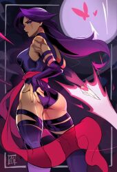 1girl artist_logo ass blue_leotard breasts bridal_gauntlets bug butterfly elbow_gloves energy_blade full_moon gloves halter_leotard halterneck highleg highleg_leotard highres insect leotard long_hair looking_at_viewer marvel medium_breasts moon night ninja pimozzarella psylocke purple_eyes purple_hair red_sash sash solo superhero_costume tattoo thighhighs waist_sash x-men