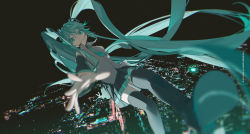 Rule 34 | 1girl, airborne, black footwear, blue eyes, blue hair, blue necktie, boots, city, collared shirt, detached sleeves, falling, floating hair, foreshortening, grey shirt, hatsune miku, headset, highres, k00s, long hair, looking at viewer, necktie, open hand, parted lips, shirt, sleeveless, sleeveless shirt, solo, thigh boots, twintails, very long hair, vocaloid