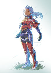 Rule 34 | 1girl, armor, bodysuit, breasts, dark-skinned female, dark skin, elma (xenoblade x), gloves, grass, long hair, medium breasts, open mouth, signature, simple background, solo, suneiaaa, twitter username, white hair, wind, xenoblade chronicles (series), xenoblade chronicles x
