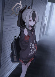 Rule 34 | 1girl, absurdres, backpack, bag, bare legs, black hair, black hoodie, blue archive, closed mouth, demon horns, earphones, feet out of frame, fog, hair between eyes, hair ornament, hairclip, halo, hand in pocket, hand up, highres, holding, holding earphones, hood, hood down, hoodie, horns, kayoko (blue archive), kit, long sleeves, looking at viewer, medium hair, miniskirt, multicolored hair, outdoors, plaid, plaid skirt, pleated skirt, ponytail, rain, red eyes, red skirt, skirt, solo, two-tone hair, white hair