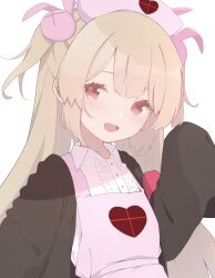 Rule 34 | &gt; &lt;, 1girl, :d, apron, armband, black jacket, blonde hair, blush, center frills, collared dress, commentary, dress, frills, hair ornament, hat, heart, heart print, highres, jacket, long hair, long sleeves, looking at viewer, natori sana, nurse cap, open clothes, open jacket, open mouth, pink apron, pink hat, rabbit hair ornament, red armband, red eyes, sana channel, shiwa (siwaa0419), simple background, sleeves past fingers, sleeves past wrists, smile, solo, two side up, upper body, virtual youtuber, white background, white dress