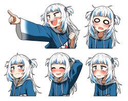 Rule 34 | 1girl, blue eyes, blue hair, blue hoodie, blunt bangs, blush, commentary, ddolbang, expressions, gawr gura, gawr gura (1st costume), gradient sleeves, grey hair, highres, hololive, hololive english, hood, hood down, hoodie, long hair, long sleeves, messy hair, multicolored hair, multiple views, pointing, simple background, streaked hair, tearing up, transparent background, two side up, virtual youtuber, wavy mouth, wide oval eyes, wide sleeves