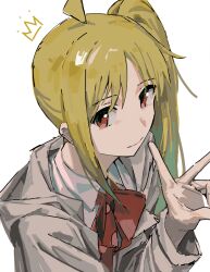 Rule 34 | 1girl, absurdres, ahoge, blonde hair, bocchi the rock!, bow, bowtie, casual, collared shirt, crown (symbol), detached ahoge, grey jacket, hair extensions, highres, ijichi nijika, jacket, long hair, looking at viewer, red bow, red bowtie, red eyes, red ribbon, ribbon, school uniform, shimokitazawa high school uniform, shirt, side ponytail, sidelocks, simple background, smile, solo, v, white background, white shirt, zxjv