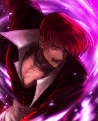 Rule 34 | 1boy, absurdres, choker, cropped jacket, fire, food fighter 441, grin, hair over one eye, highres, jacket, male focus, open mouth, pants, pectoral cleavage, pectorals, purple fire, pyrokinesis, red eyes, red hair, shirt, short hair, smile, snk, solo, the king of fighters, yagami iori