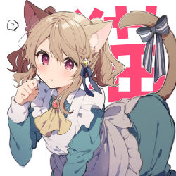 Rule 34 | 1girl, ?, animal ears, apron, ascot, text background, black bow, blue dress, blush, bow, braid, brooch, brown ascot, brown hair, cat ears, cat girl, cat tail, collared dress, commentary request, dress, frilled apron, frills, hair between eyes, hair ornament, hand up, highres, ikeuchi tanuma, jewelry, long sleeves, looking at viewer, maid apron, original, parted lips, paw pose, red eyes, solo, spoken question mark, striped, striped bow, sweat, tail, tail bow, tail ornament, tail raised, twintails, white apron, white background
