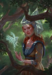 Rule 34 | 1girl, bird, blue eyes, branch, european clothes, forest, gwent (game), headgear, highres, looking at viewer, magic, nature, non-web source, official art, red hair, spell, the witcher (series), tree