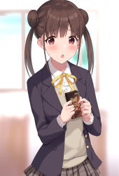 Rule 34 | 1girl, black jacket, blazer, blurry, blurry background, blush, box, breasts, brown hair, collared shirt, commentary, condom box, cowboy shot, double bun, grey skirt, grey vest, hair bun, highres, holding, holding box, idolmaster, idolmaster shiny colors, indoors, jacket, long sleeves, looking at viewer, medium breasts, medium hair, miniskirt, nanoyo, neck ribbon, open clothes, open jacket, open mouth, plaid, plaid skirt, pleated skirt, product placement, red eyes, ribbon, school uniform, shirt, skirt, solo, sonoda chiyoko, tareme, twintails, vest, white shirt, window, wing collar, yellow ribbon